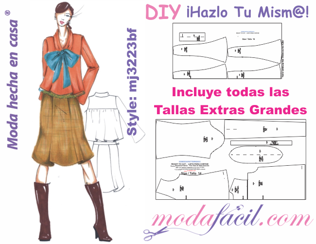 Imagen del Diseño con los moldes gratis del conjunto de blusa y falda elegantes mj3223bf