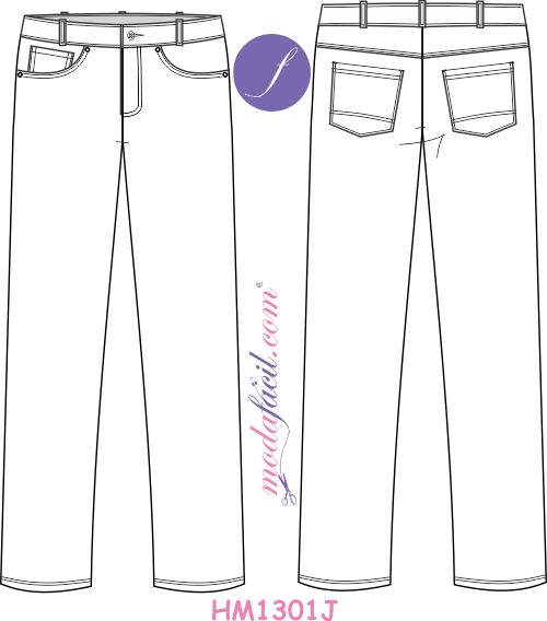 Imagen del Dibujo Técnico de los Moldes de Pantalones, Bermudas, Sacos y Chaquetas del Modelo HM1301J Pantalón Vaquero tipo Jean