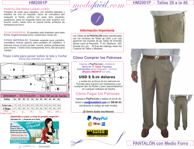 Imagen de los patrones de Pantalones, Bermudas, Sacos y Chaquetas Modelo HM2001P - Pantalón Clásico - Men's Classic Pants & Jeans