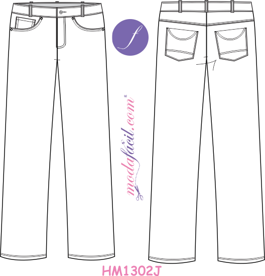 Imagen del Dibujo Técnico de los Moldes de Pantalones, Bermudas, Sacos y Chaquetas del Modelo HM1302J Pantalón Vaquero tipo Jean