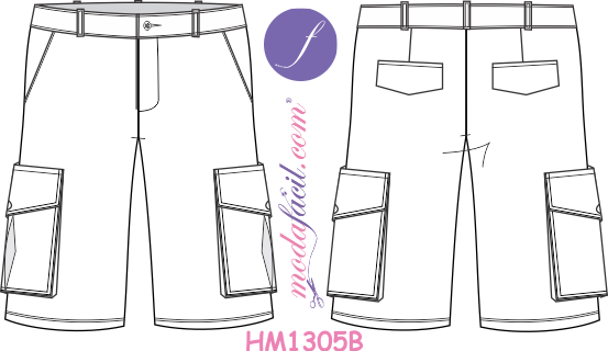 Imagen del Dibujo Técnico de los Moldes de Pantalones, Bermudas, Sacos y Chaquetas Modelo HM1305B Cargo Bermuda Pants