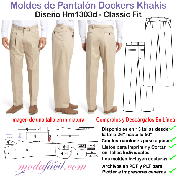 Moldes de Pantalon Dockers Classic Fit en 13 tallas 