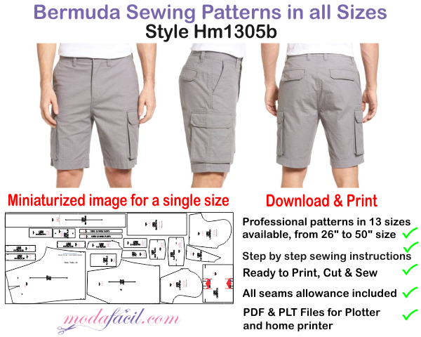 Mens Bermuda Sewing Patterns available in 13 sizes