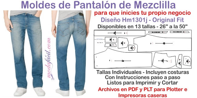 Moldes de Pantalón Jean Clásico Cinco Bolsillos – Bota Recta en 13 tallas para negocio HM1301J