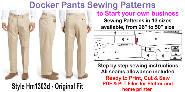 Docker Pant Sewing Patterns Drafted in 13 sizes to Download & Print by plotter and home printer HM1303D