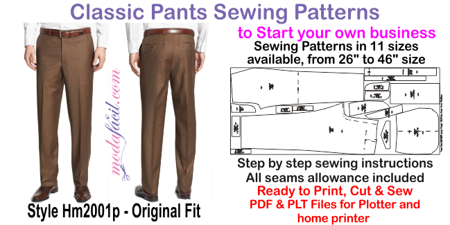 Sewing patterns of Formal Classic Pant for men drafted in 13 sizes