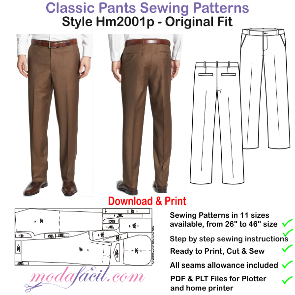 Sewing patterns of Formal Classic Pant for men drafted in 13 sizes