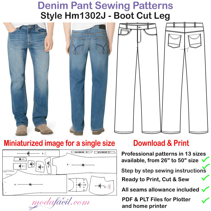 Men's traditional 5-pocket Jean Sewing Patterns drafted in 13 sizes