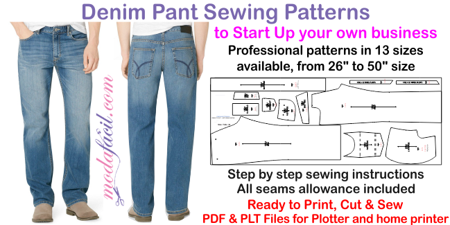 Men’s traditional 5-pocket Jean Sewing Patterns Drafted in 13 sizes to Download & Print by plotter and home printer HM1302J