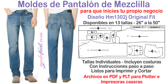 Moldes de Pantalon Jean Tradicional 5 bolsillos en 13 tallas